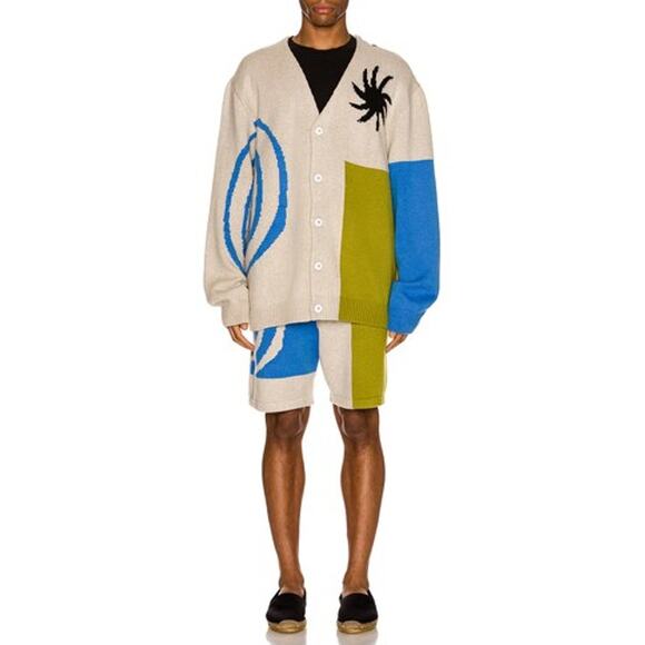 The Elder Statesman Tan Blue Green Block & Spiral Cashmere Cardigan L - Picture 4 of 15